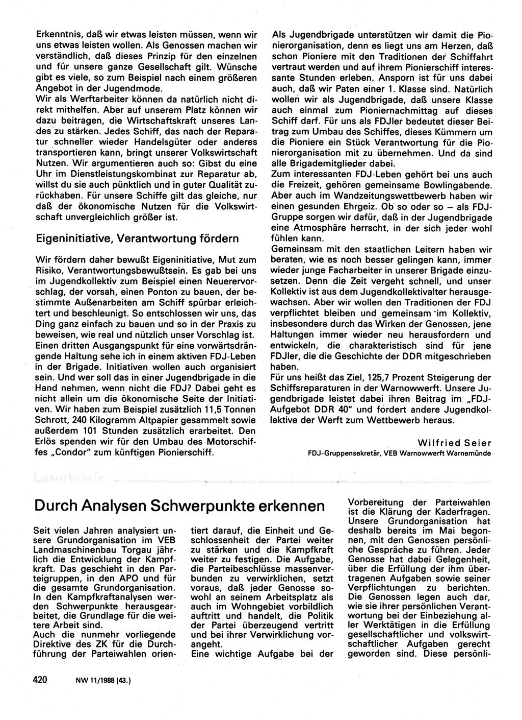 Neuer Weg (NW), Organ des Zentralkomitees (ZK) der SED (Sozialistische Einheitspartei Deutschlands) für Fragen des Parteilebens, 43. Jahrgang [Deutsche Demokratische Republik (DDR)] 1988, Seite 420 (NW ZK SED DDR 1988, S. 420)