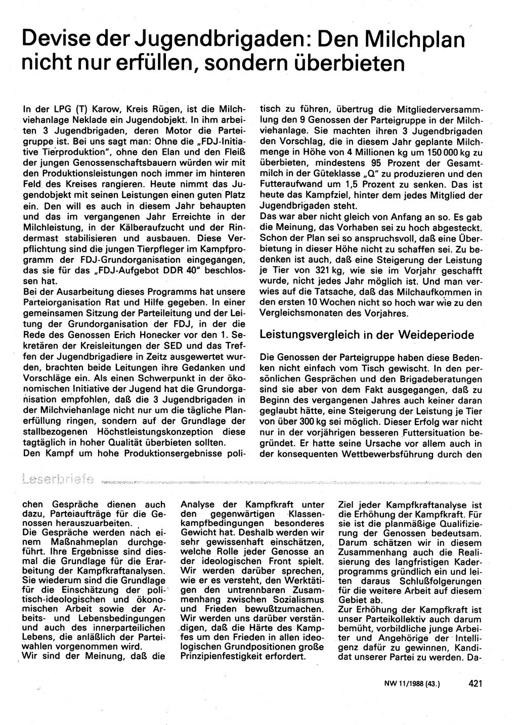 Neuer Weg (NW), Organ des Zentralkomitees (ZK) der SED (Sozialistische Einheitspartei Deutschlands) für Fragen des Parteilebens, 43. Jahrgang [Deutsche Demokratische Republik (DDR)] 1988, Seite 421 (NW ZK SED DDR 1988, S. 421)