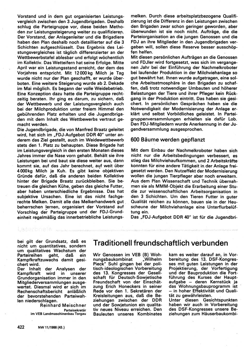 Neuer Weg (NW), Organ des Zentralkomitees (ZK) der SED (Sozialistische Einheitspartei Deutschlands) für Fragen des Parteilebens, 43. Jahrgang [Deutsche Demokratische Republik (DDR)] 1988, Seite 422 (NW ZK SED DDR 1988, S. 422)