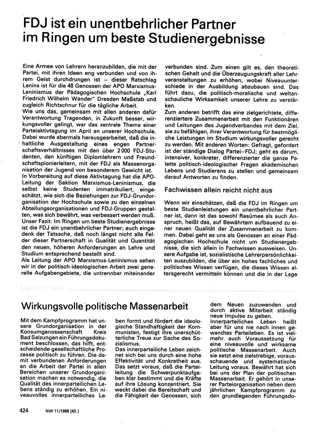 Neuer Weg (NW), Organ des Zentralkomitees (ZK) der SED (Sozialistische Einheitspartei Deutschlands) für Fragen des Parteilebens, 43. Jahrgang [Deutsche Demokratische Republik (DDR)] 1988, Seite 424 (NW ZK SED DDR 1988, S. 424)