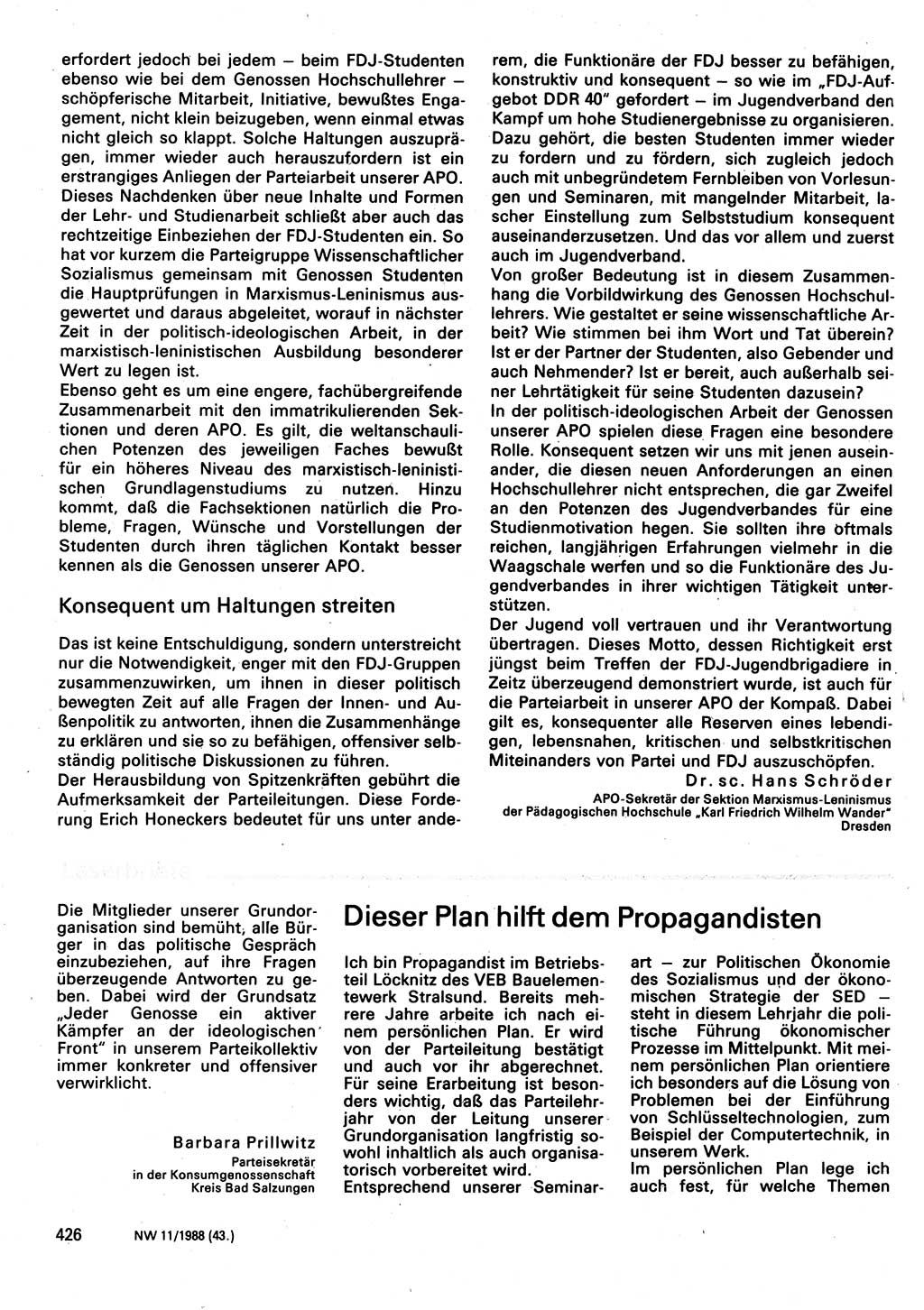 Neuer Weg (NW), Organ des Zentralkomitees (ZK) der SED (Sozialistische Einheitspartei Deutschlands) für Fragen des Parteilebens, 43. Jahrgang [Deutsche Demokratische Republik (DDR)] 1988, Seite 426 (NW ZK SED DDR 1988, S. 426)