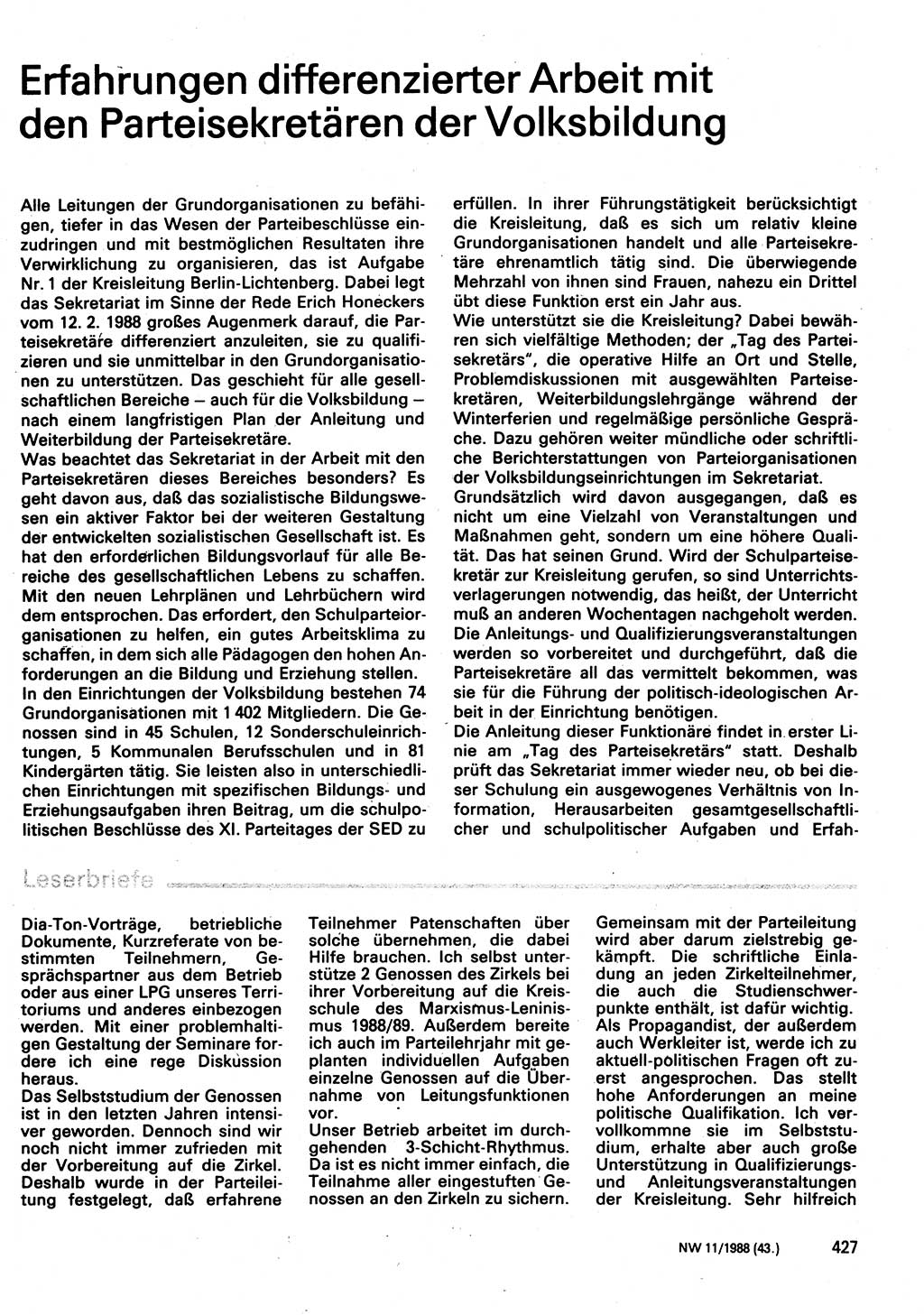 Neuer Weg (NW), Organ des Zentralkomitees (ZK) der SED (Sozialistische Einheitspartei Deutschlands) für Fragen des Parteilebens, 43. Jahrgang [Deutsche Demokratische Republik (DDR)] 1988, Seite 427 (NW ZK SED DDR 1988, S. 427)