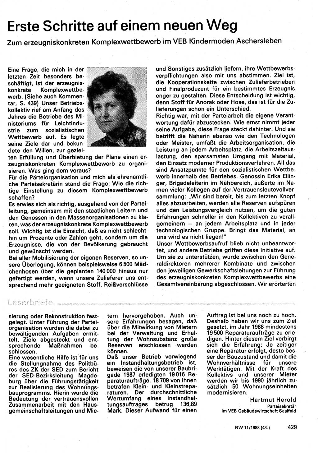 Neuer Weg (NW), Organ des Zentralkomitees (ZK) der SED (Sozialistische Einheitspartei Deutschlands) für Fragen des Parteilebens, 43. Jahrgang [Deutsche Demokratische Republik (DDR)] 1988, Seite 429 (NW ZK SED DDR 1988, S. 429)