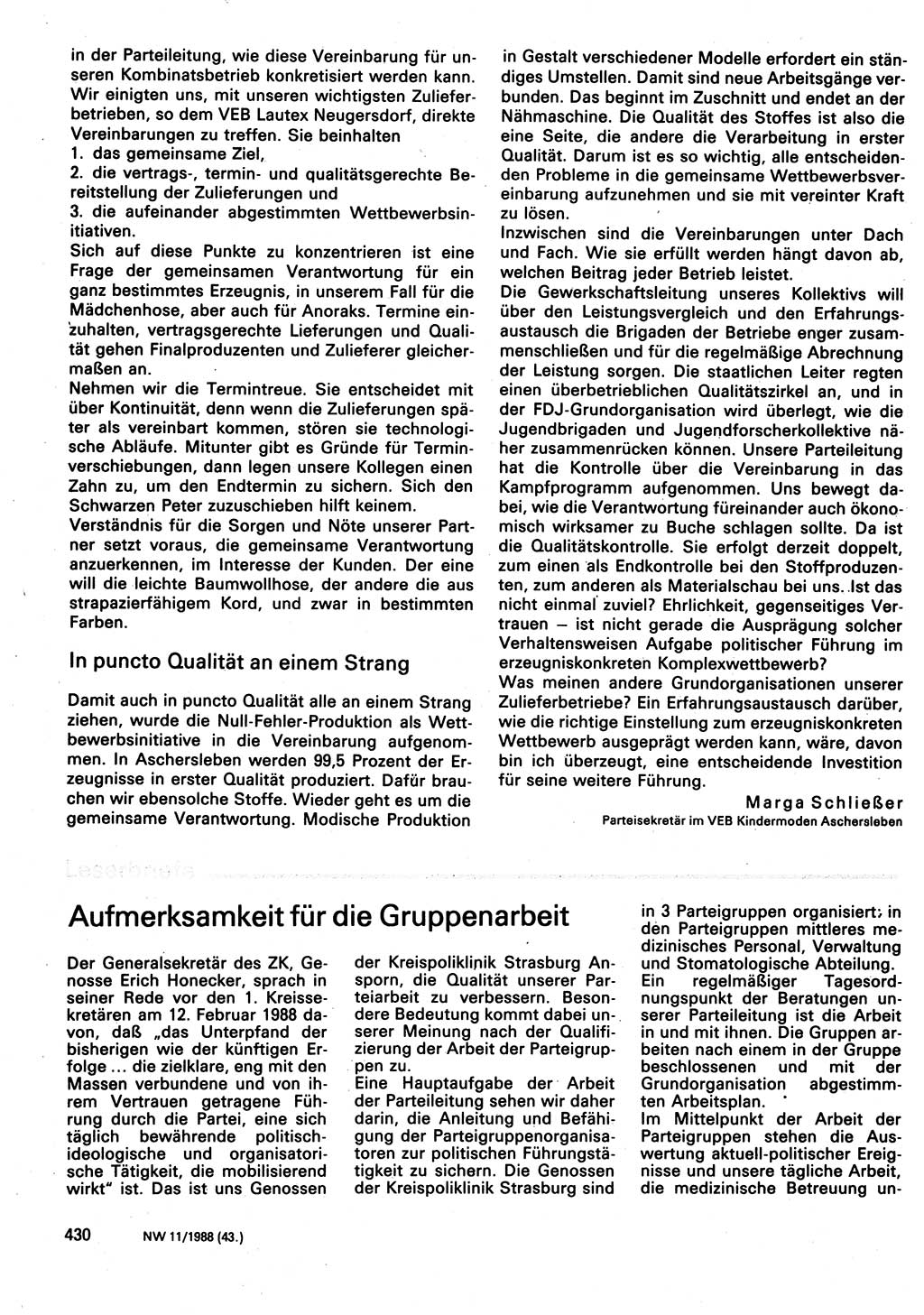 Neuer Weg (NW), Organ des Zentralkomitees (ZK) der SED (Sozialistische Einheitspartei Deutschlands) fÃ¼r Fragen des Parteilebens, 43. Jahrgang [Deutsche Demokratische Republik (DDR)] 1988, Seite 430 (NW ZK SED DDR 1988, S. 430)