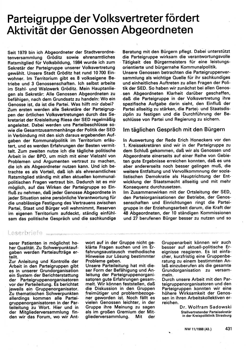 Neuer Weg (NW), Organ des Zentralkomitees (ZK) der SED (Sozialistische Einheitspartei Deutschlands) für Fragen des Parteilebens, 43. Jahrgang [Deutsche Demokratische Republik (DDR)] 1988, Seite 431 (NW ZK SED DDR 1988, S. 431)