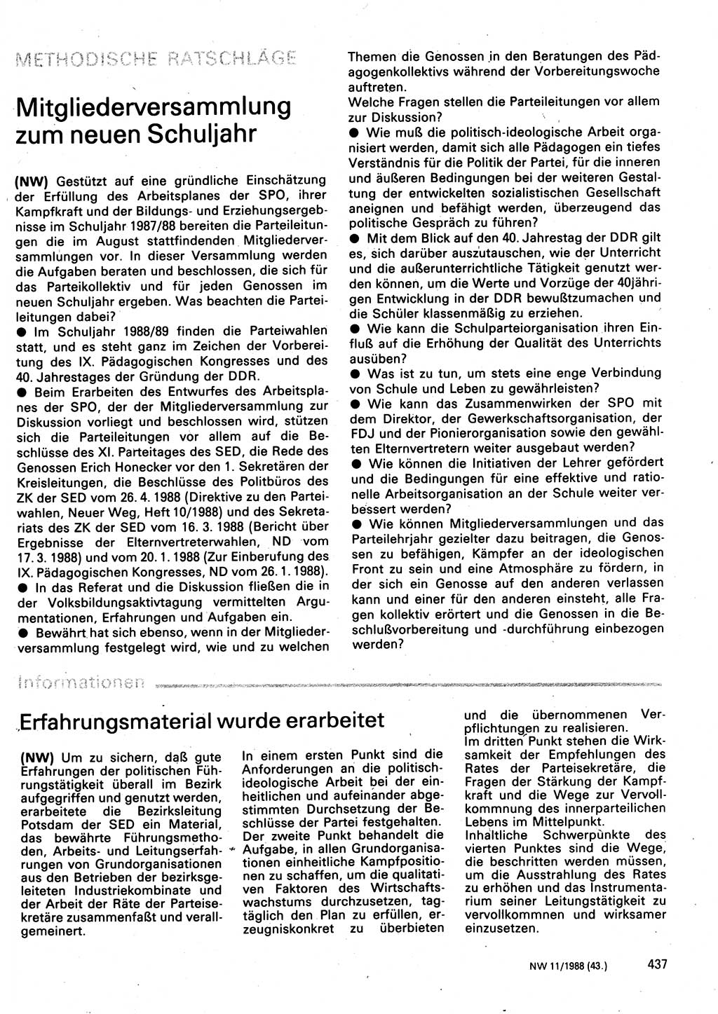 Neuer Weg (NW), Organ des Zentralkomitees (ZK) der SED (Sozialistische Einheitspartei Deutschlands) für Fragen des Parteilebens, 43. Jahrgang [Deutsche Demokratische Republik (DDR)] 1988, Seite 437 (NW ZK SED DDR 1988, S. 437)