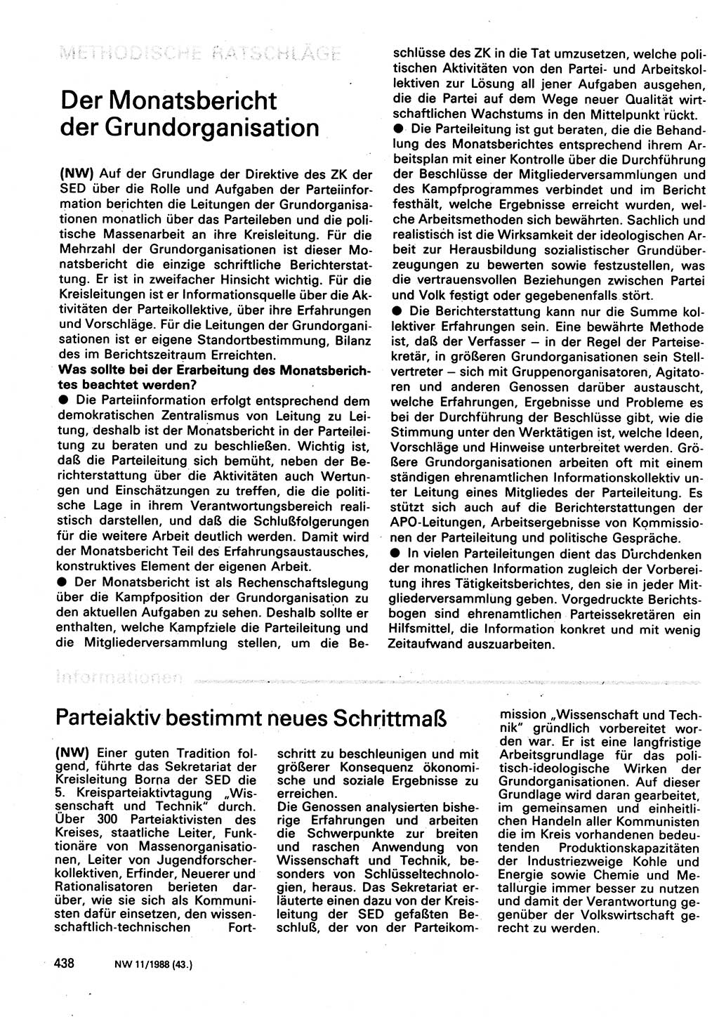 Neuer Weg (NW), Organ des Zentralkomitees (ZK) der SED (Sozialistische Einheitspartei Deutschlands) für Fragen des Parteilebens, 43. Jahrgang [Deutsche Demokratische Republik (DDR)] 1988, Seite 438 (NW ZK SED DDR 1988, S. 438)