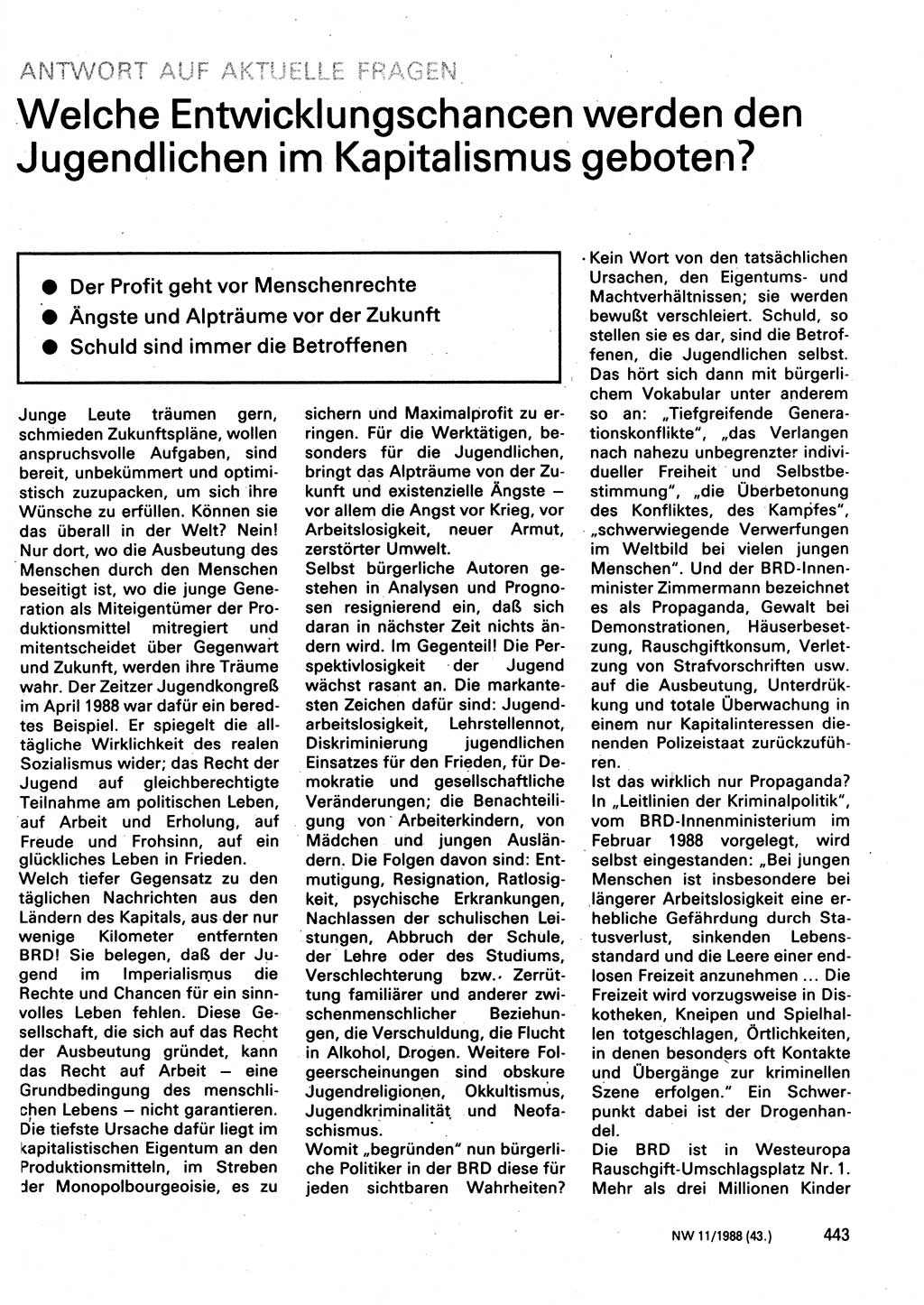 Neuer Weg (NW), Organ des Zentralkomitees (ZK) der SED (Sozialistische Einheitspartei Deutschlands) für Fragen des Parteilebens, 43. Jahrgang [Deutsche Demokratische Republik (DDR)] 1988, Seite 443 (NW ZK SED DDR 1988, S. 443)