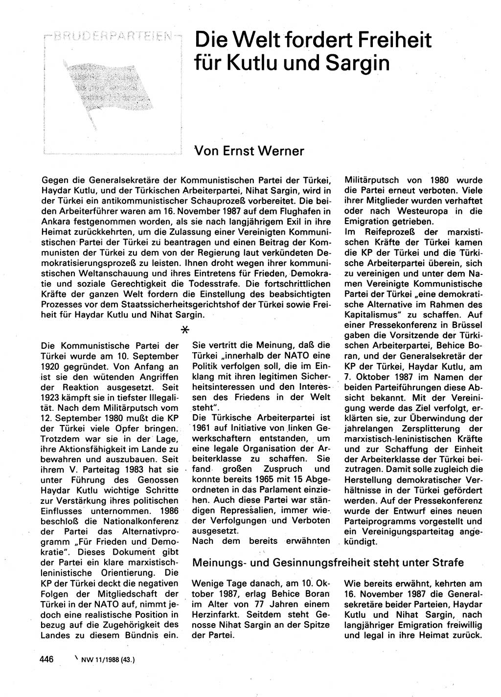 Neuer Weg (NW), Organ des Zentralkomitees (ZK) der SED (Sozialistische Einheitspartei Deutschlands) für Fragen des Parteilebens, 43. Jahrgang [Deutsche Demokratische Republik (DDR)] 1988, Seite 446 (NW ZK SED DDR 1988, S. 446)