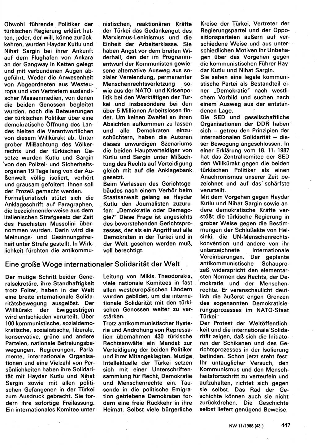 Neuer Weg (NW), Organ des Zentralkomitees (ZK) der SED (Sozialistische Einheitspartei Deutschlands) für Fragen des Parteilebens, 43. Jahrgang [Deutsche Demokratische Republik (DDR)] 1988, Seite 447 (NW ZK SED DDR 1988, S. 447)