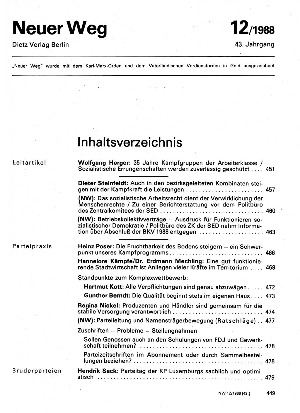 Neuer Weg (NW), Organ des Zentralkomitees (ZK) der SED (Sozialistische Einheitspartei Deutschlands) für Fragen des Parteilebens, 43. Jahrgang [Deutsche Demokratische Republik (DDR)] 1988, Seite 449 (NW ZK SED DDR 1988, S. 449)