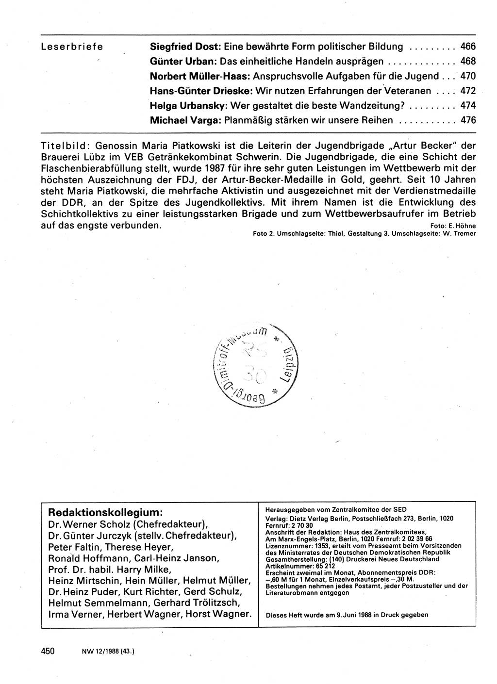 Neuer Weg (NW), Organ des Zentralkomitees (ZK) der SED (Sozialistische Einheitspartei Deutschlands) für Fragen des Parteilebens, 43. Jahrgang [Deutsche Demokratische Republik (DDR)] 1988, Seite 450 (NW ZK SED DDR 1988, S. 450)