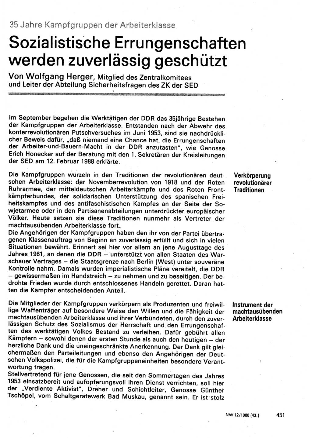 Neuer Weg (NW), Organ des Zentralkomitees (ZK) der SED (Sozialistische Einheitspartei Deutschlands) für Fragen des Parteilebens, 43. Jahrgang [Deutsche Demokratische Republik (DDR)] 1988, Seite 451 (NW ZK SED DDR 1988, S. 451)