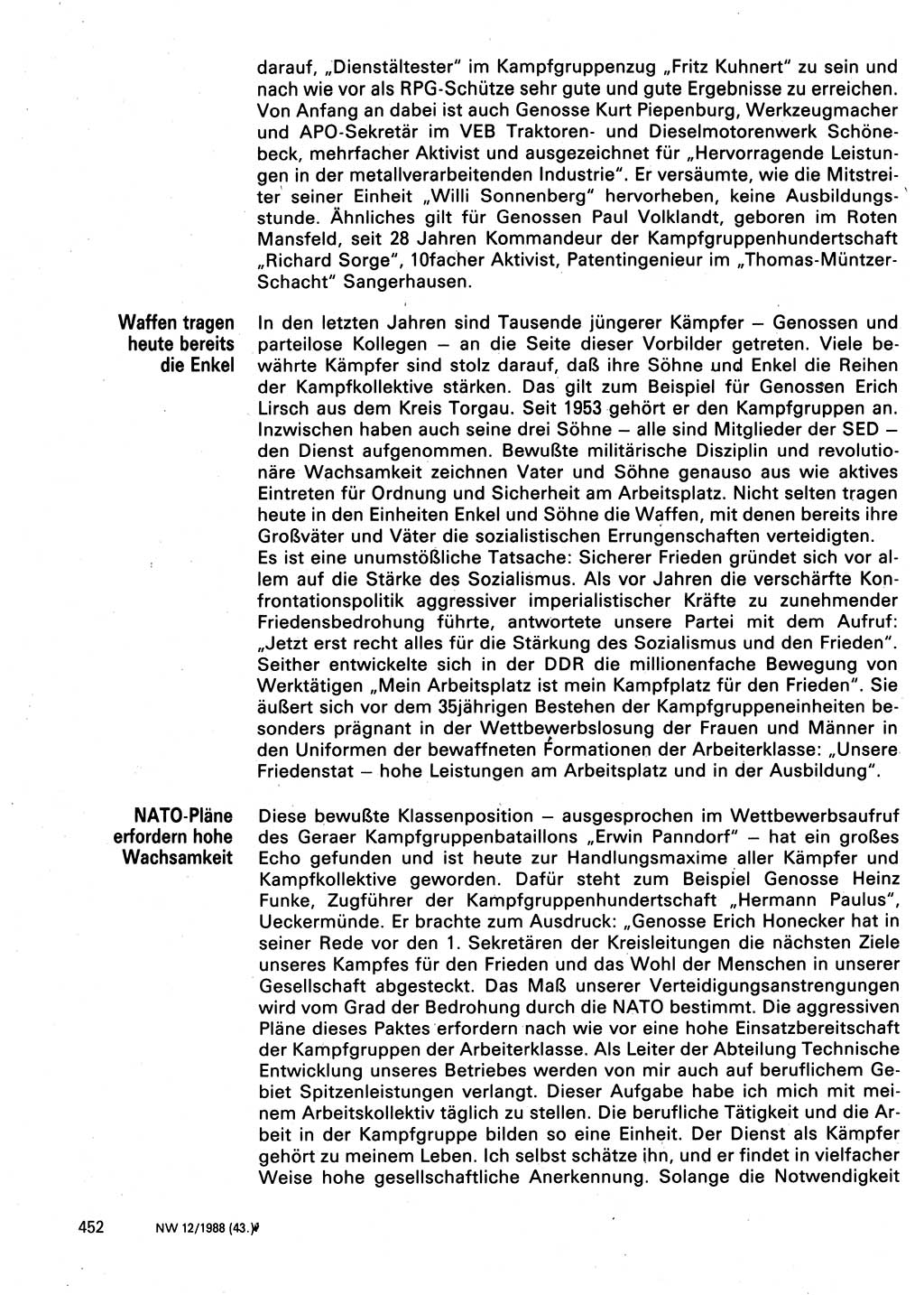 Neuer Weg (NW), Organ des Zentralkomitees (ZK) der SED (Sozialistische Einheitspartei Deutschlands) für Fragen des Parteilebens, 43. Jahrgang [Deutsche Demokratische Republik (DDR)] 1988, Seite 452 (NW ZK SED DDR 1988, S. 452)