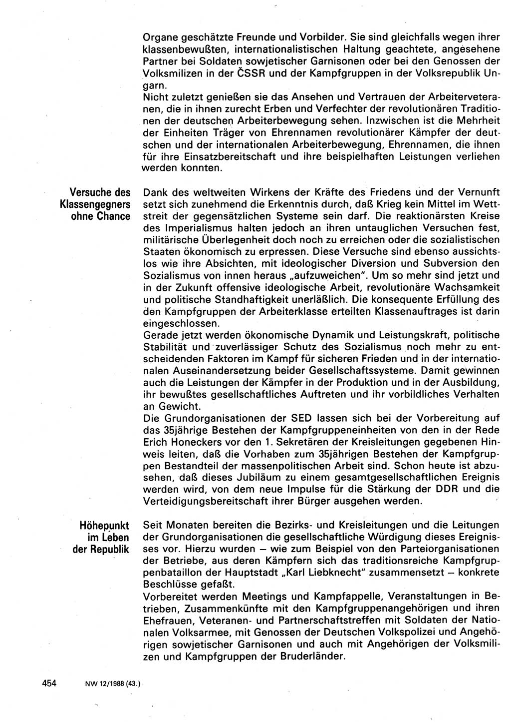 Neuer Weg (NW), Organ des Zentralkomitees (ZK) der SED (Sozialistische Einheitspartei Deutschlands) für Fragen des Parteilebens, 43. Jahrgang [Deutsche Demokratische Republik (DDR)] 1988, Seite 454 (NW ZK SED DDR 1988, S. 454)