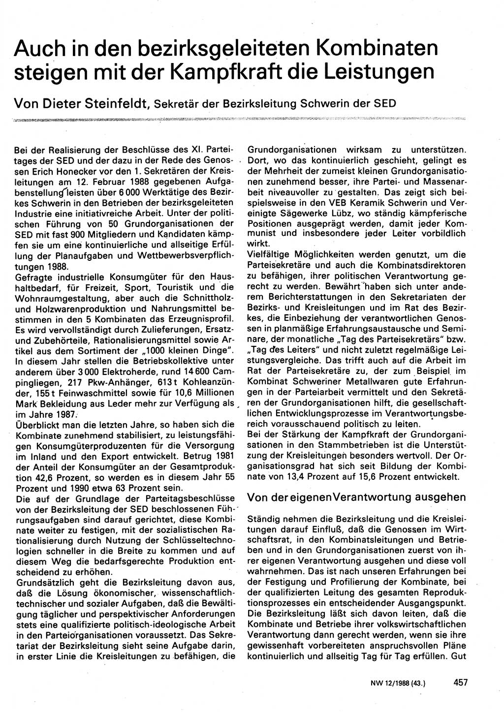 Neuer Weg (NW), Organ des Zentralkomitees (ZK) der SED (Sozialistische Einheitspartei Deutschlands) für Fragen des Parteilebens, 43. Jahrgang [Deutsche Demokratische Republik (DDR)] 1988, Seite 457 (NW ZK SED DDR 1988, S. 457)