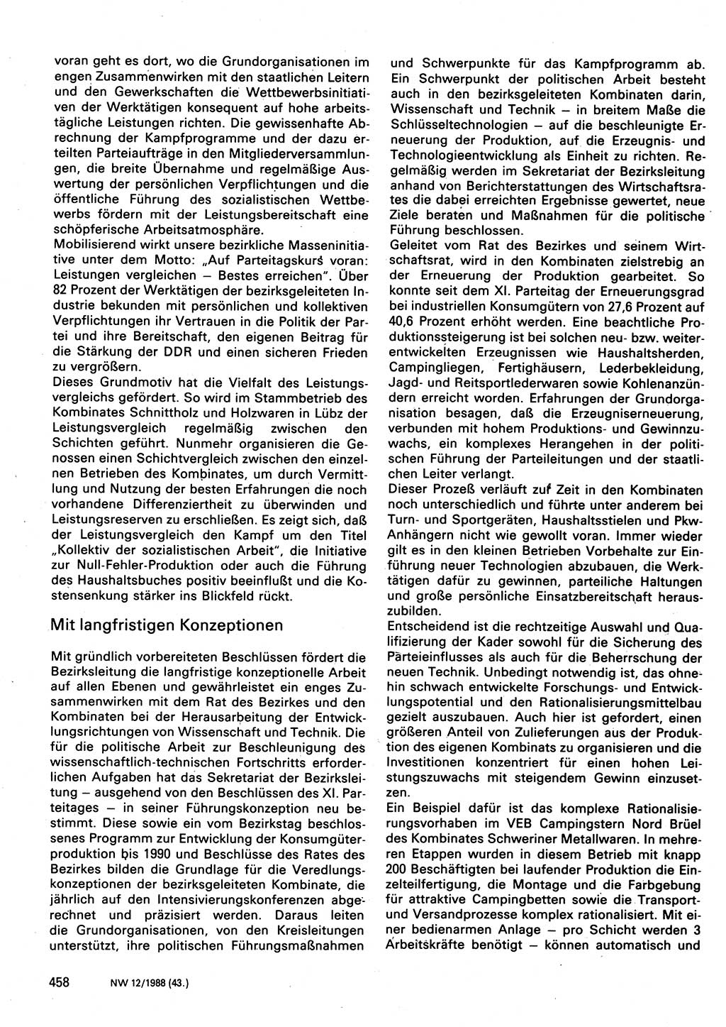 Neuer Weg (NW), Organ des Zentralkomitees (ZK) der SED (Sozialistische Einheitspartei Deutschlands) für Fragen des Parteilebens, 43. Jahrgang [Deutsche Demokratische Republik (DDR)] 1988, Seite 458 (NW ZK SED DDR 1988, S. 458)