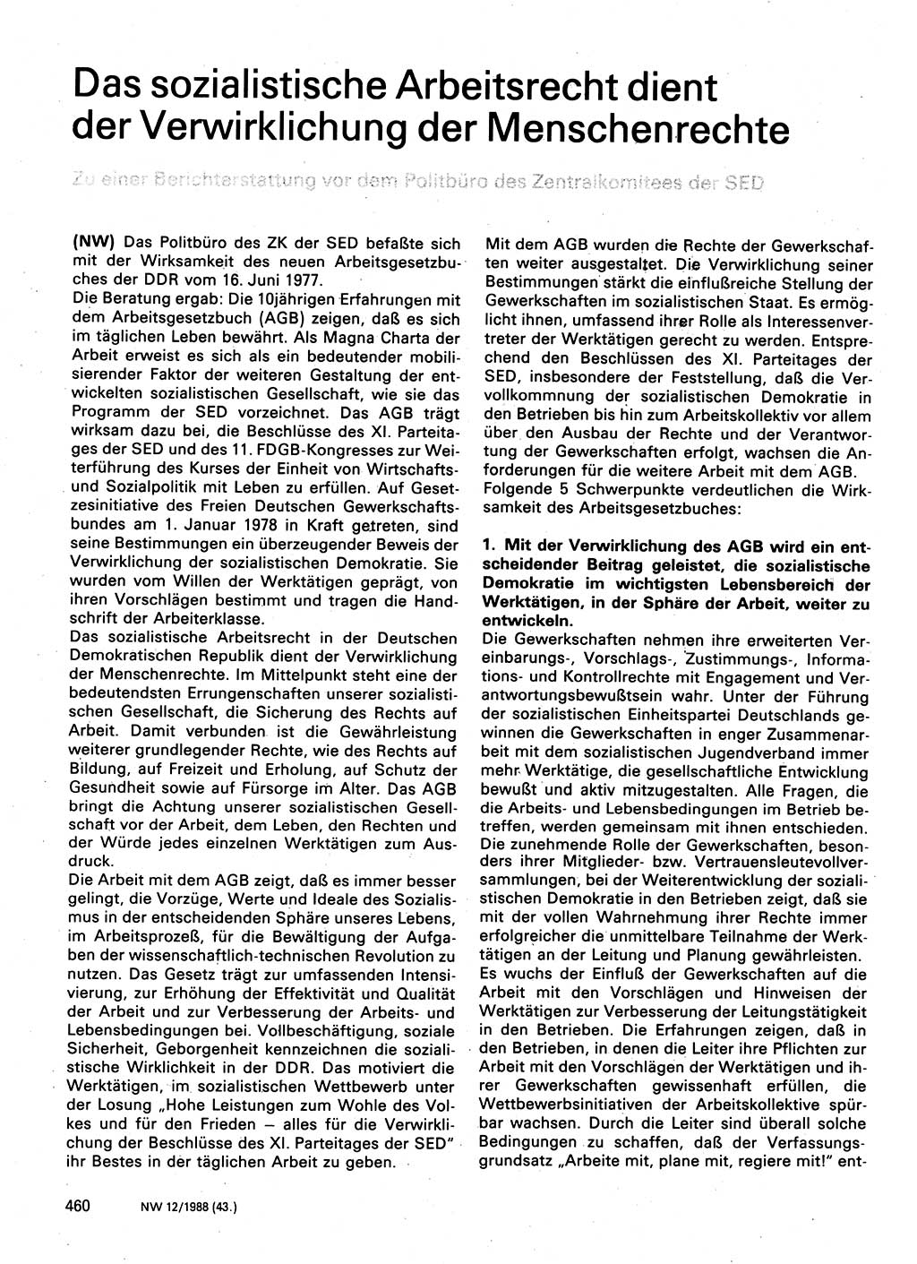 Neuer Weg (NW), Organ des Zentralkomitees (ZK) der SED (Sozialistische Einheitspartei Deutschlands) fÃ¼r Fragen des Parteilebens, 43. Jahrgang [Deutsche Demokratische Republik (DDR)] 1988, Seite 460 (NW ZK SED DDR 1988, S. 460)