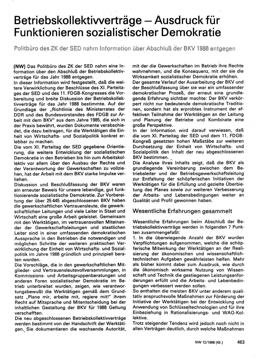 Neuer Weg (NW), Organ des Zentralkomitees (ZK) der SED (Sozialistische Einheitspartei Deutschlands) für Fragen des Parteilebens, 43. Jahrgang [Deutsche Demokratische Republik (DDR)] 1988, Seite 463 (NW ZK SED DDR 1988, S. 463)