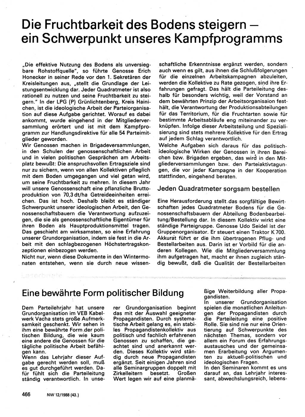 Neuer Weg (NW), Organ des Zentralkomitees (ZK) der SED (Sozialistische Einheitspartei Deutschlands) für Fragen des Parteilebens, 43. Jahrgang [Deutsche Demokratische Republik (DDR)] 1988, Seite 466 (NW ZK SED DDR 1988, S. 466)