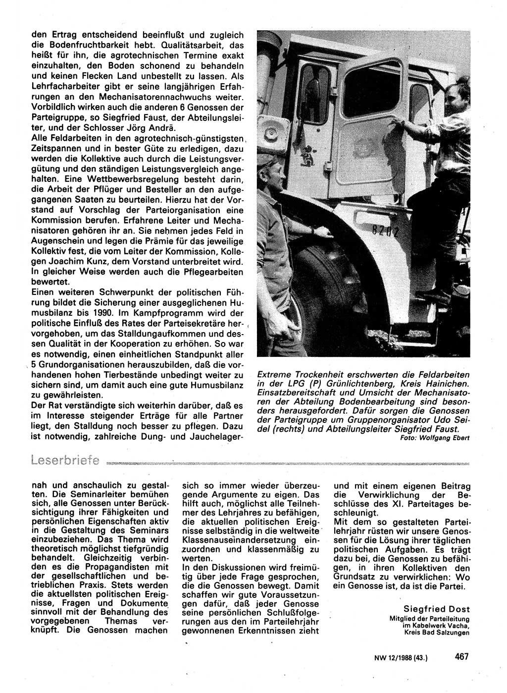 Neuer Weg (NW), Organ des Zentralkomitees (ZK) der SED (Sozialistische Einheitspartei Deutschlands) für Fragen des Parteilebens, 43. Jahrgang [Deutsche Demokratische Republik (DDR)] 1988, Seite 467 (NW ZK SED DDR 1988, S. 467)