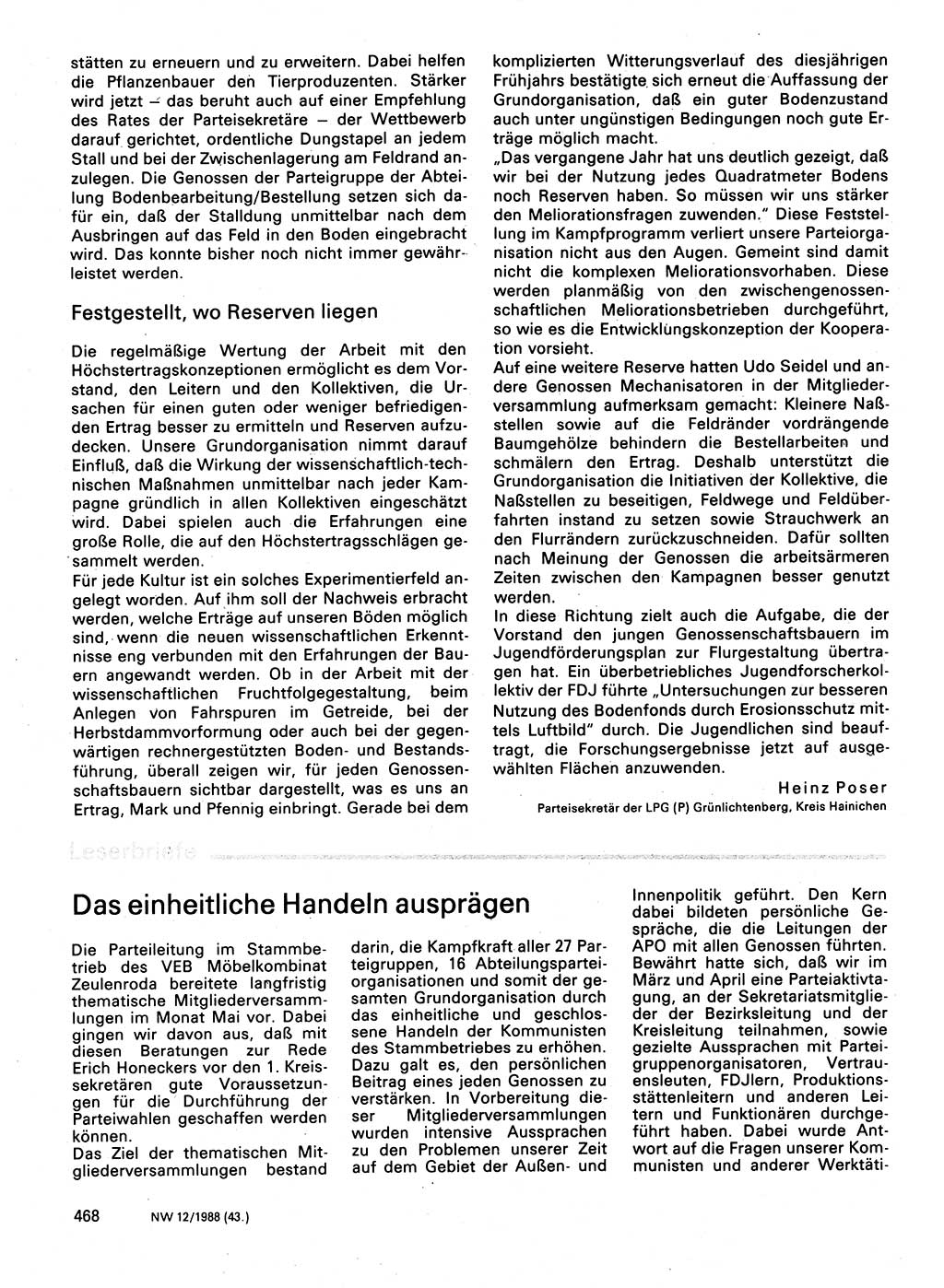 Neuer Weg (NW), Organ des Zentralkomitees (ZK) der SED (Sozialistische Einheitspartei Deutschlands) für Fragen des Parteilebens, 43. Jahrgang [Deutsche Demokratische Republik (DDR)] 1988, Seite 468 (NW ZK SED DDR 1988, S. 468)