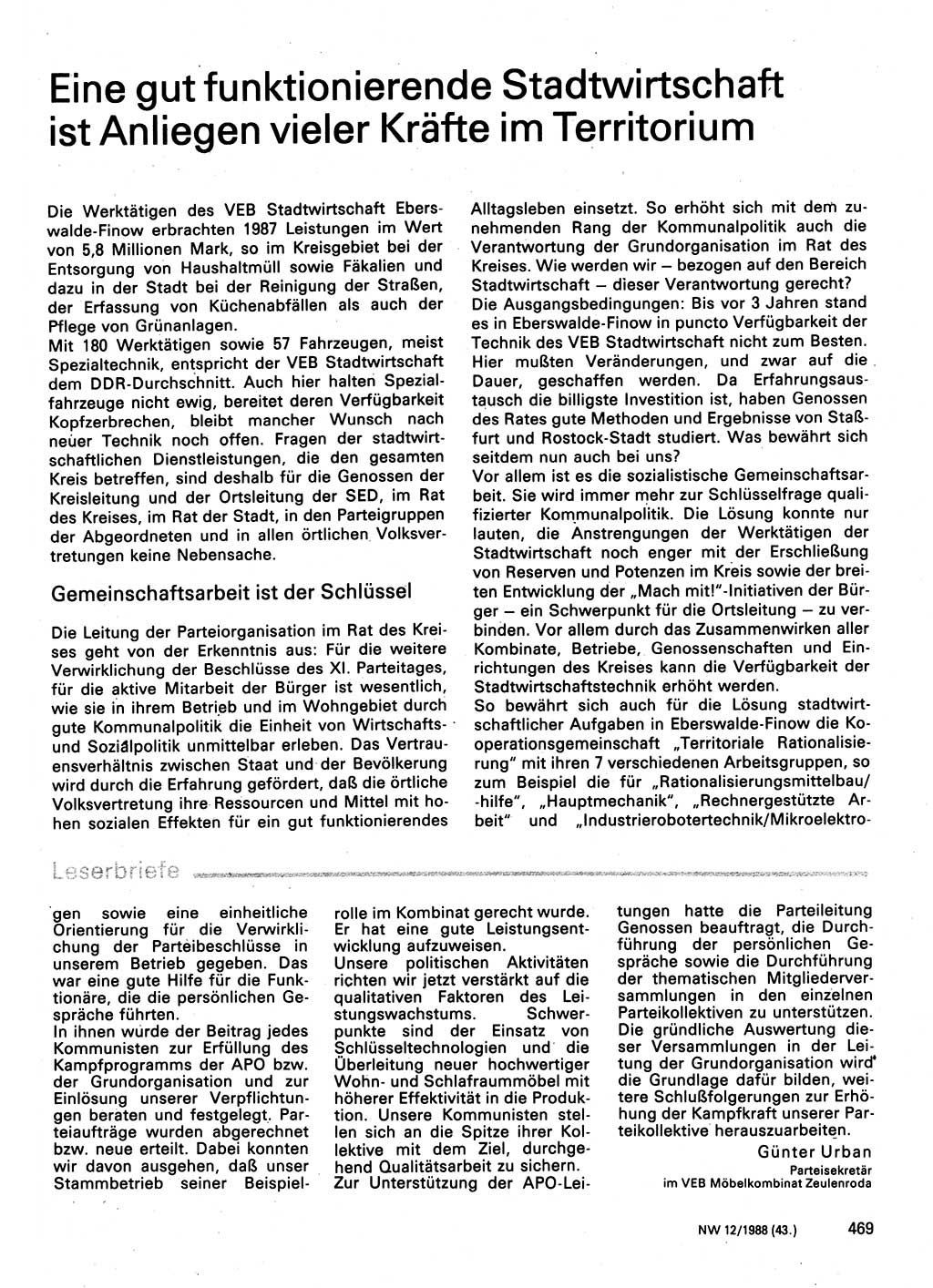 Neuer Weg (NW), Organ des Zentralkomitees (ZK) der SED (Sozialistische Einheitspartei Deutschlands) für Fragen des Parteilebens, 43. Jahrgang [Deutsche Demokratische Republik (DDR)] 1988, Seite 469 (NW ZK SED DDR 1988, S. 469)