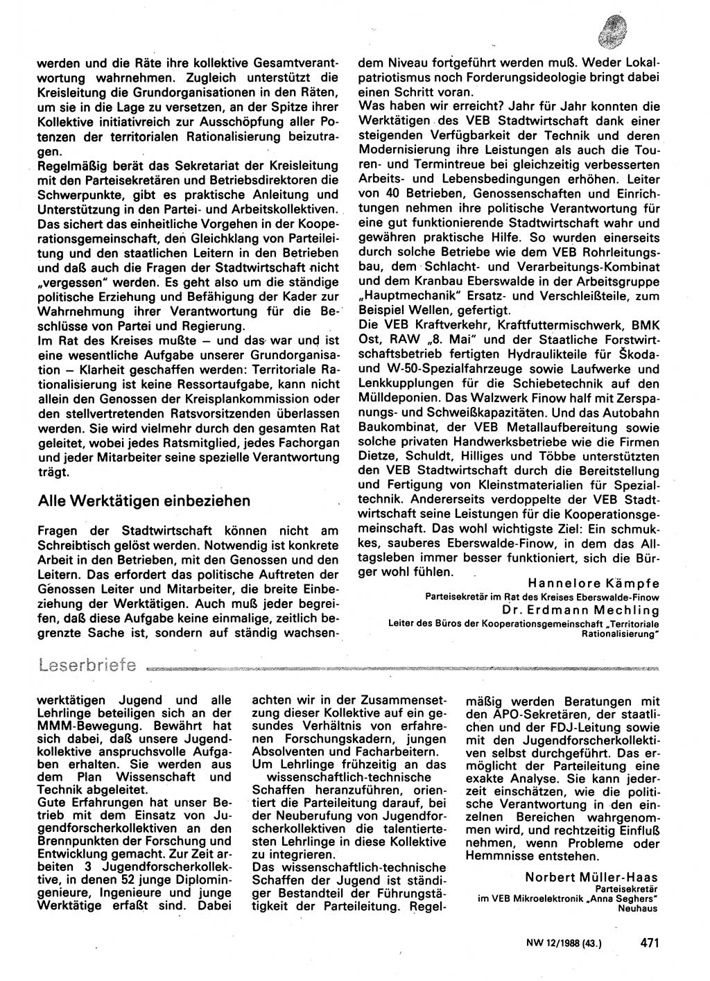 Neuer Weg (NW), Organ des Zentralkomitees (ZK) der SED (Sozialistische Einheitspartei Deutschlands) für Fragen des Parteilebens, 43. Jahrgang [Deutsche Demokratische Republik (DDR)] 1988, Seite 471 (NW ZK SED DDR 1988, S. 471)