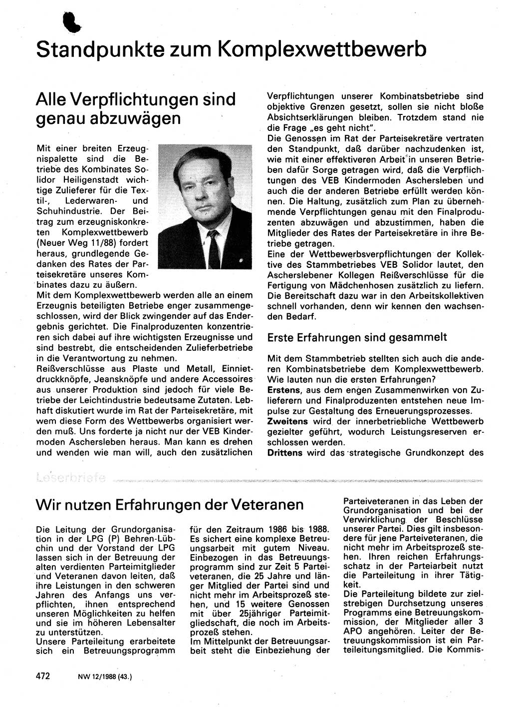 Neuer Weg (NW), Organ des Zentralkomitees (ZK) der SED (Sozialistische Einheitspartei Deutschlands) für Fragen des Parteilebens, 43. Jahrgang [Deutsche Demokratische Republik (DDR)] 1988, Seite 472 (NW ZK SED DDR 1988, S. 472)