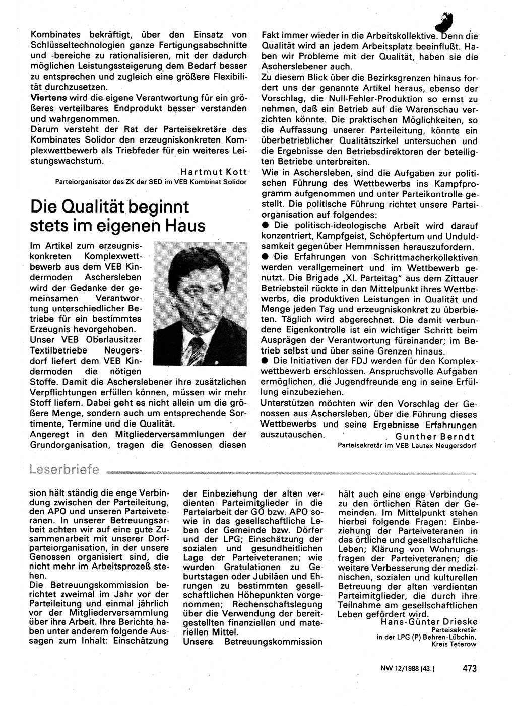 Neuer Weg (NW), Organ des Zentralkomitees (ZK) der SED (Sozialistische Einheitspartei Deutschlands) für Fragen des Parteilebens, 43. Jahrgang [Deutsche Demokratische Republik (DDR)] 1988, Seite 473 (NW ZK SED DDR 1988, S. 473)