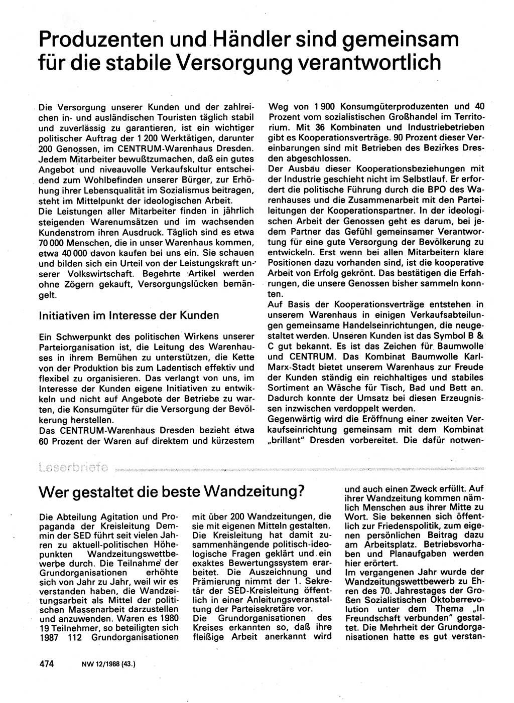 Neuer Weg (NW), Organ des Zentralkomitees (ZK) der SED (Sozialistische Einheitspartei Deutschlands) für Fragen des Parteilebens, 43. Jahrgang [Deutsche Demokratische Republik (DDR)] 1988, Seite 474 (NW ZK SED DDR 1988, S. 474)
