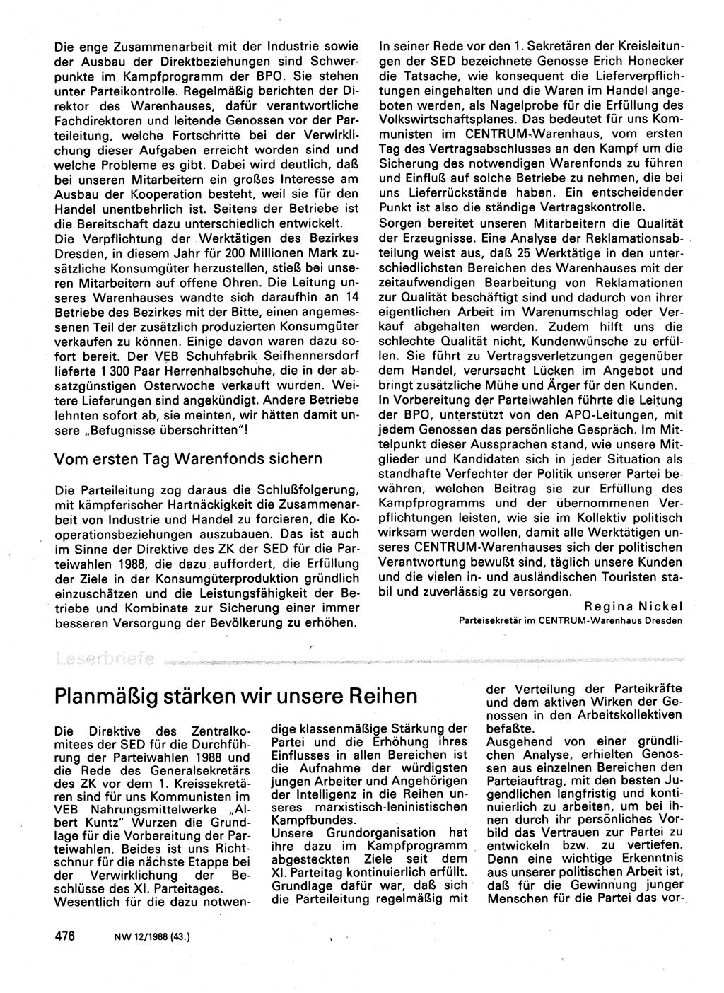 Neuer Weg (NW), Organ des Zentralkomitees (ZK) der SED (Sozialistische Einheitspartei Deutschlands) für Fragen des Parteilebens, 43. Jahrgang [Deutsche Demokratische Republik (DDR)] 1988, Seite 476 (NW ZK SED DDR 1988, S. 476)