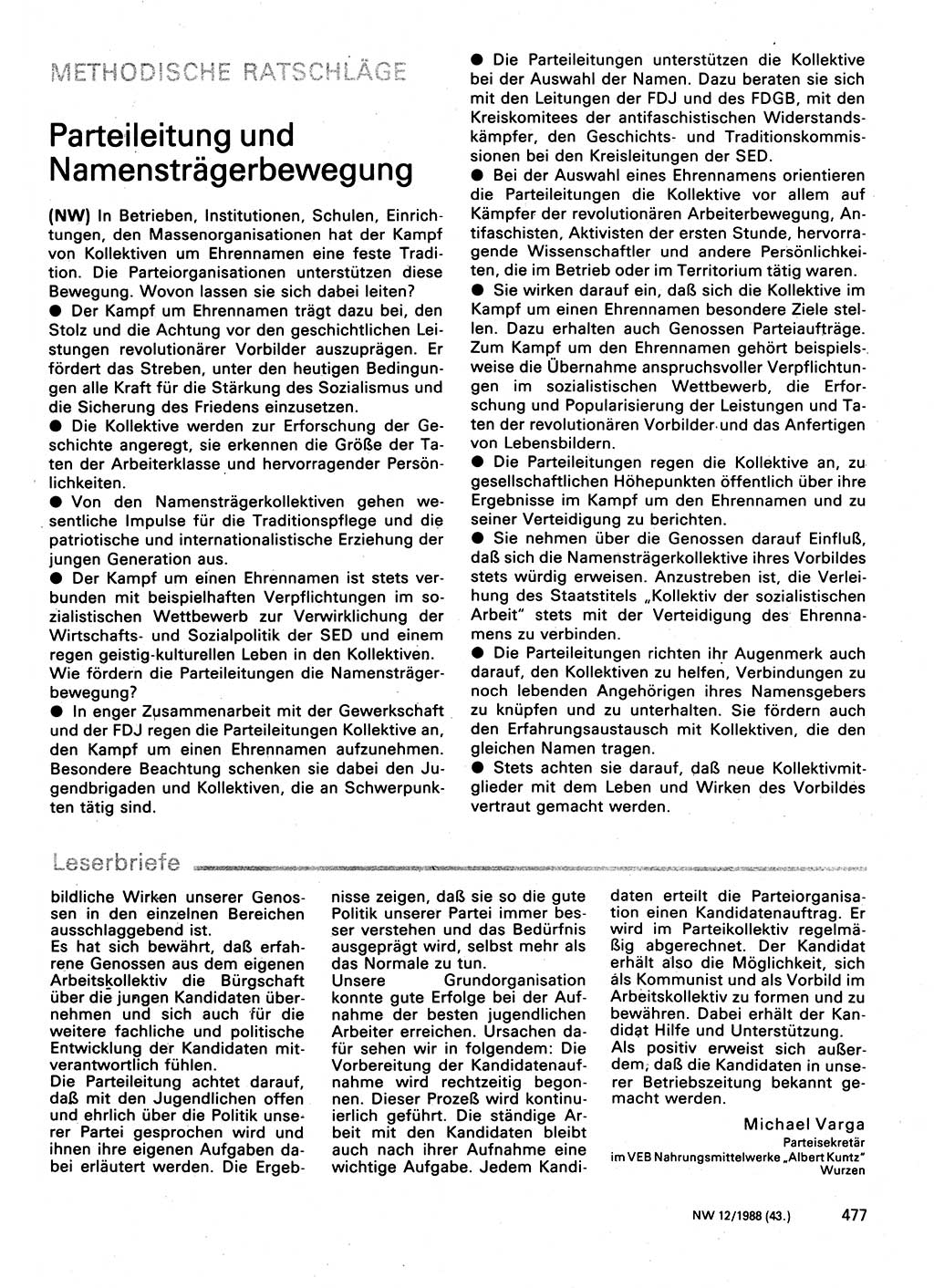 Neuer Weg (NW), Organ des Zentralkomitees (ZK) der SED (Sozialistische Einheitspartei Deutschlands) für Fragen des Parteilebens, 43. Jahrgang [Deutsche Demokratische Republik (DDR)] 1988, Seite 477 (NW ZK SED DDR 1988, S. 477)