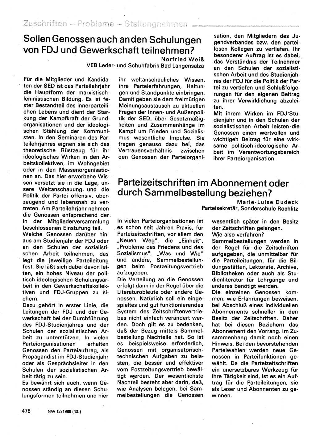 Neuer Weg (NW), Organ des Zentralkomitees (ZK) der SED (Sozialistische Einheitspartei Deutschlands) für Fragen des Parteilebens, 43. Jahrgang [Deutsche Demokratische Republik (DDR)] 1988, Seite 478 (NW ZK SED DDR 1988, S. 478)