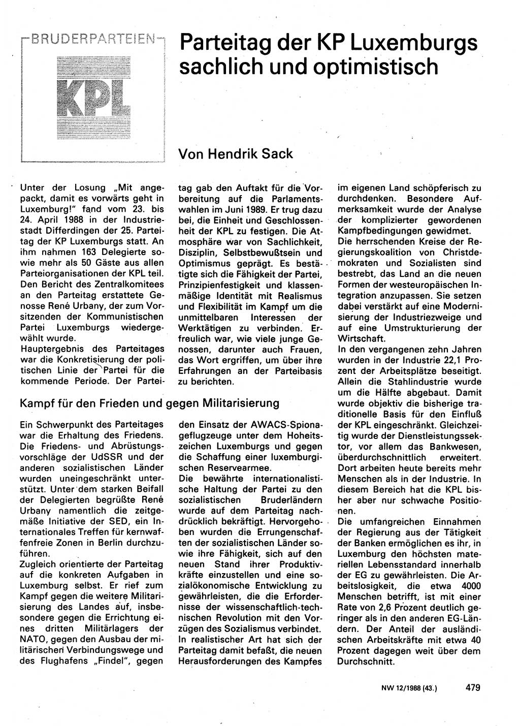 Neuer Weg (NW), Organ des Zentralkomitees (ZK) der SED (Sozialistische Einheitspartei Deutschlands) für Fragen des Parteilebens, 43. Jahrgang [Deutsche Demokratische Republik (DDR)] 1988, Seite 479 (NW ZK SED DDR 1988, S. 479)
