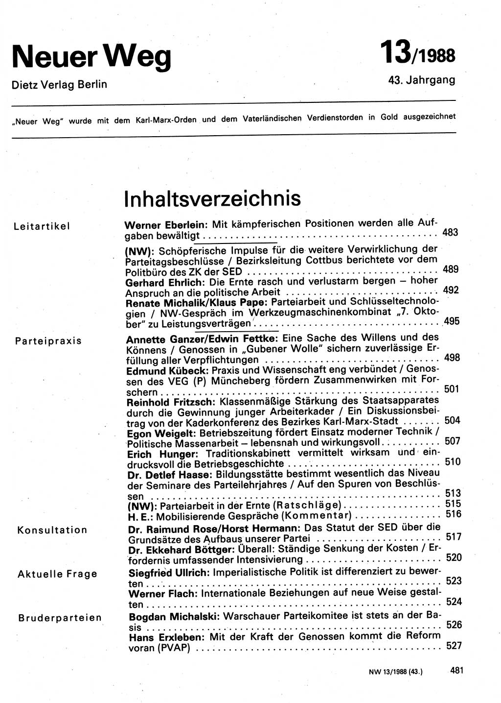 Neuer Weg (NW), Organ des Zentralkomitees (ZK) der SED (Sozialistische Einheitspartei Deutschlands) für Fragen des Parteilebens, 43. Jahrgang [Deutsche Demokratische Republik (DDR)] 1988, Seite 481 (NW ZK SED DDR 1988, S. 481)