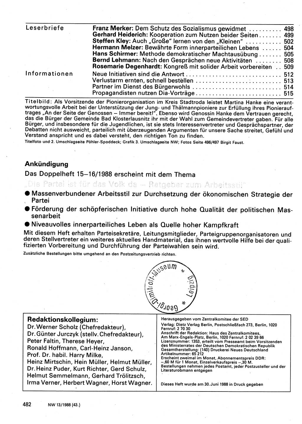 Neuer Weg (NW), Organ des Zentralkomitees (ZK) der SED (Sozialistische Einheitspartei Deutschlands) für Fragen des Parteilebens, 43. Jahrgang [Deutsche Demokratische Republik (DDR)] 1988, Seite 482 (NW ZK SED DDR 1988, S. 482)