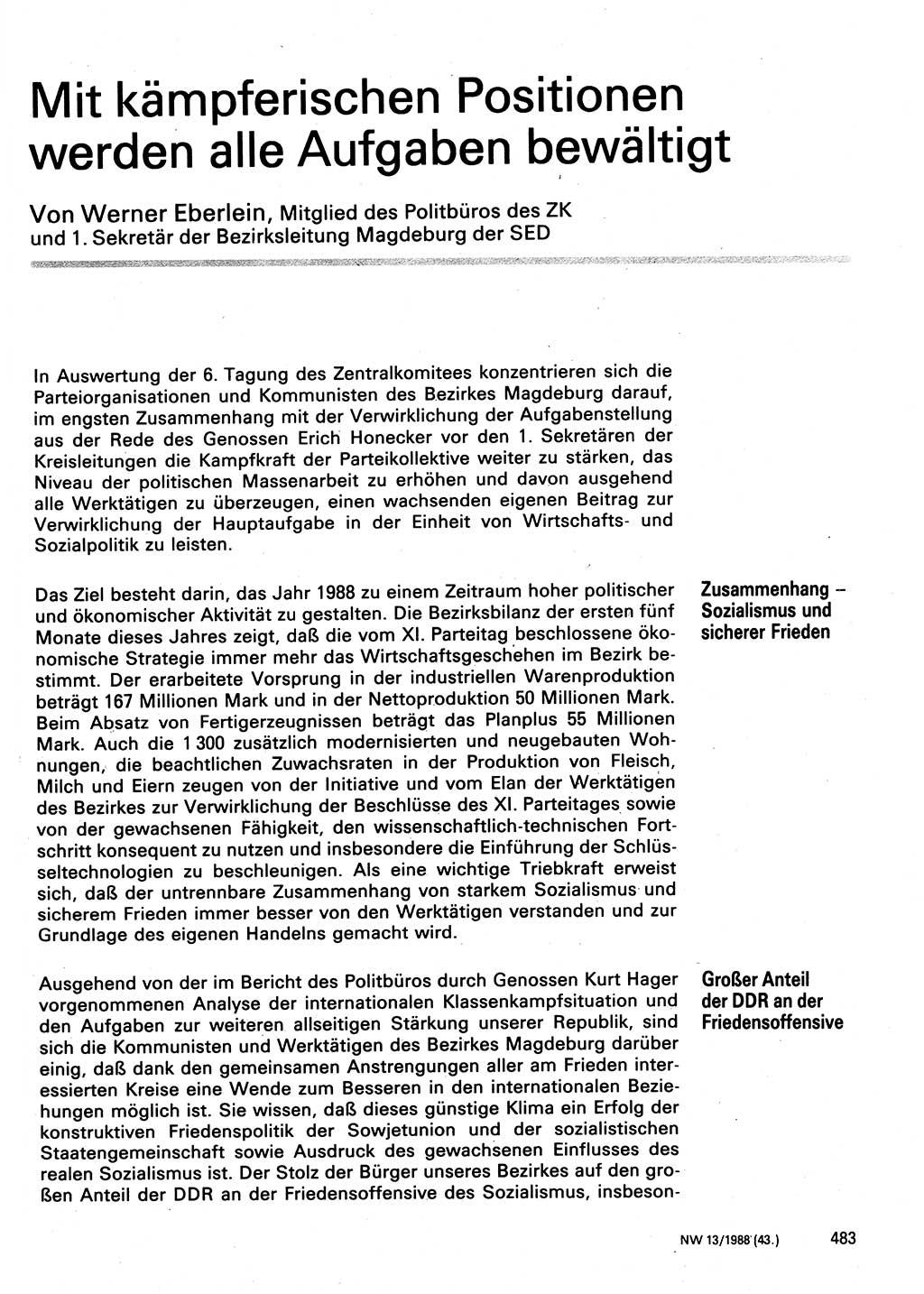 Neuer Weg (NW), Organ des Zentralkomitees (ZK) der SED (Sozialistische Einheitspartei Deutschlands) für Fragen des Parteilebens, 43. Jahrgang [Deutsche Demokratische Republik (DDR)] 1988, Seite 483 (NW ZK SED DDR 1988, S. 483)