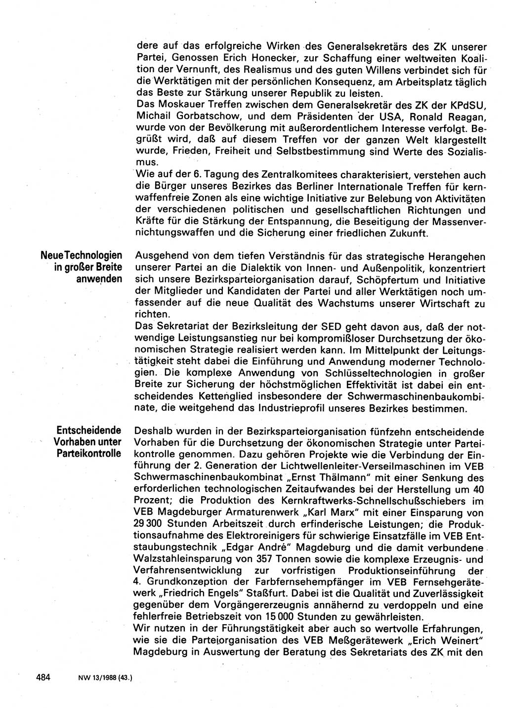 Neuer Weg (NW), Organ des Zentralkomitees (ZK) der SED (Sozialistische Einheitspartei Deutschlands) für Fragen des Parteilebens, 43. Jahrgang [Deutsche Demokratische Republik (DDR)] 1988, Seite 484 (NW ZK SED DDR 1988, S. 484)