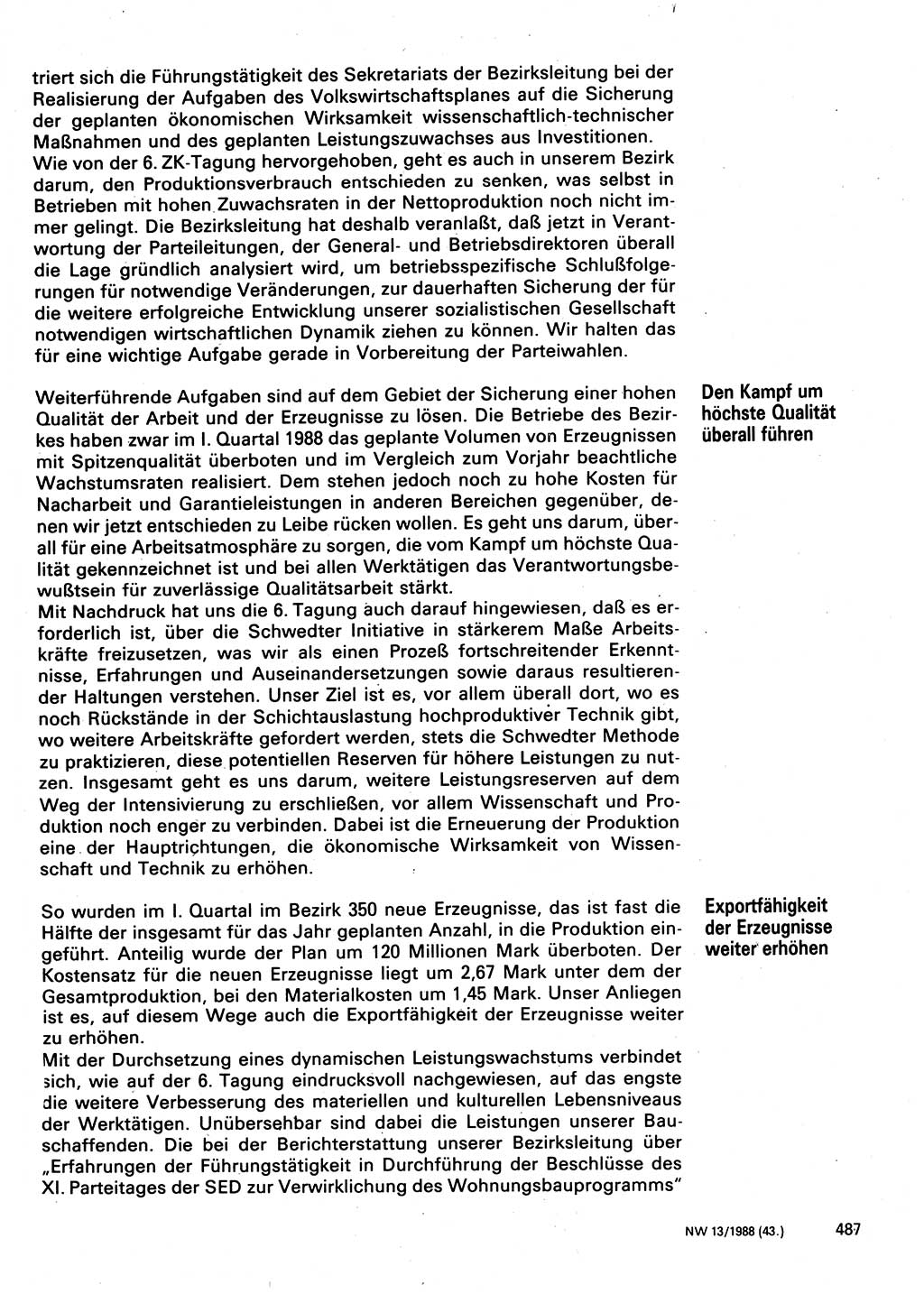 Neuer Weg (NW), Organ des Zentralkomitees (ZK) der SED (Sozialistische Einheitspartei Deutschlands) für Fragen des Parteilebens, 43. Jahrgang [Deutsche Demokratische Republik (DDR)] 1988, Seite 487 (NW ZK SED DDR 1988, S. 487)