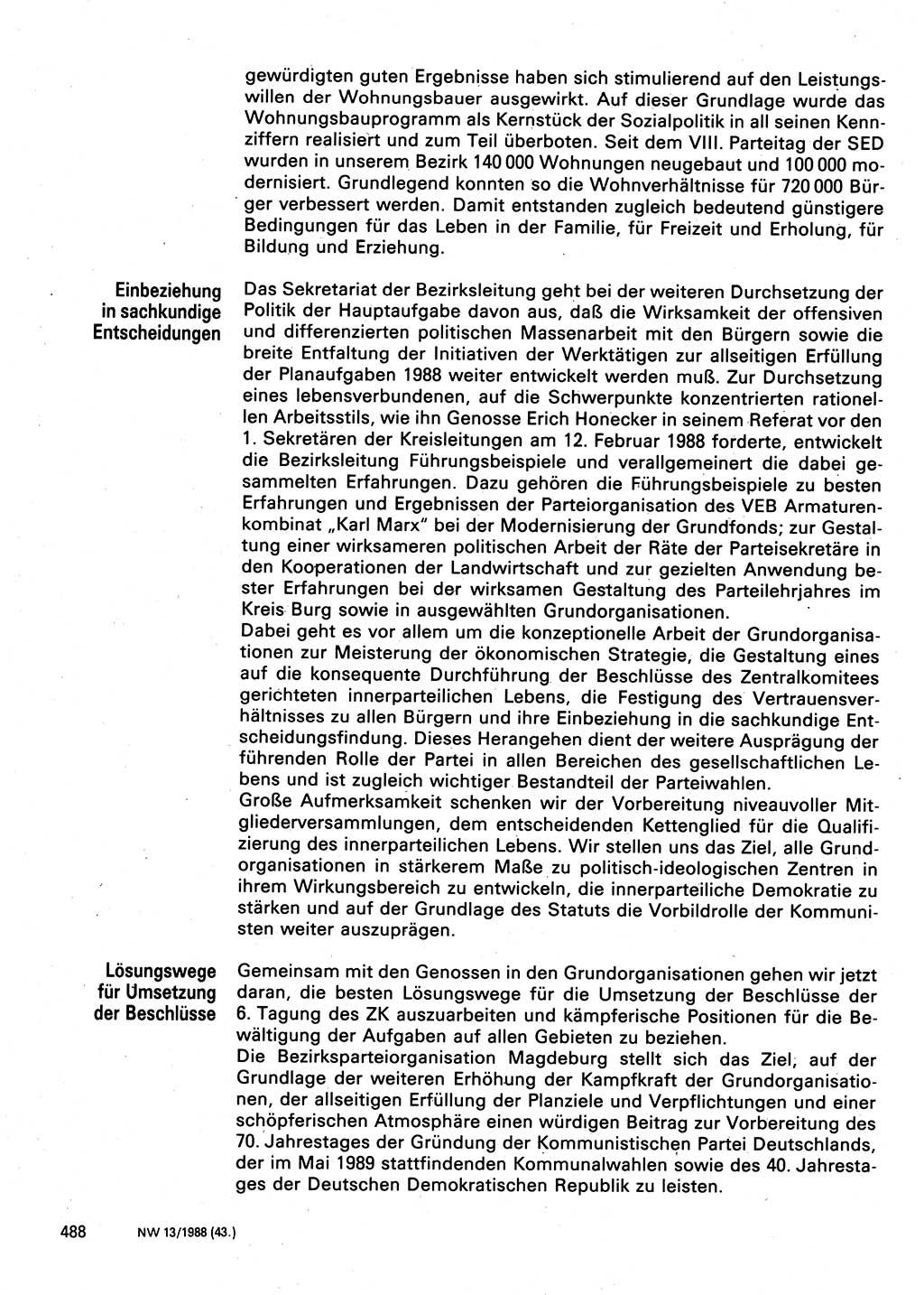 Neuer Weg (NW), Organ des Zentralkomitees (ZK) der SED (Sozialistische Einheitspartei Deutschlands) für Fragen des Parteilebens, 43. Jahrgang [Deutsche Demokratische Republik (DDR)] 1988, Seite 488 (NW ZK SED DDR 1988, S. 488)