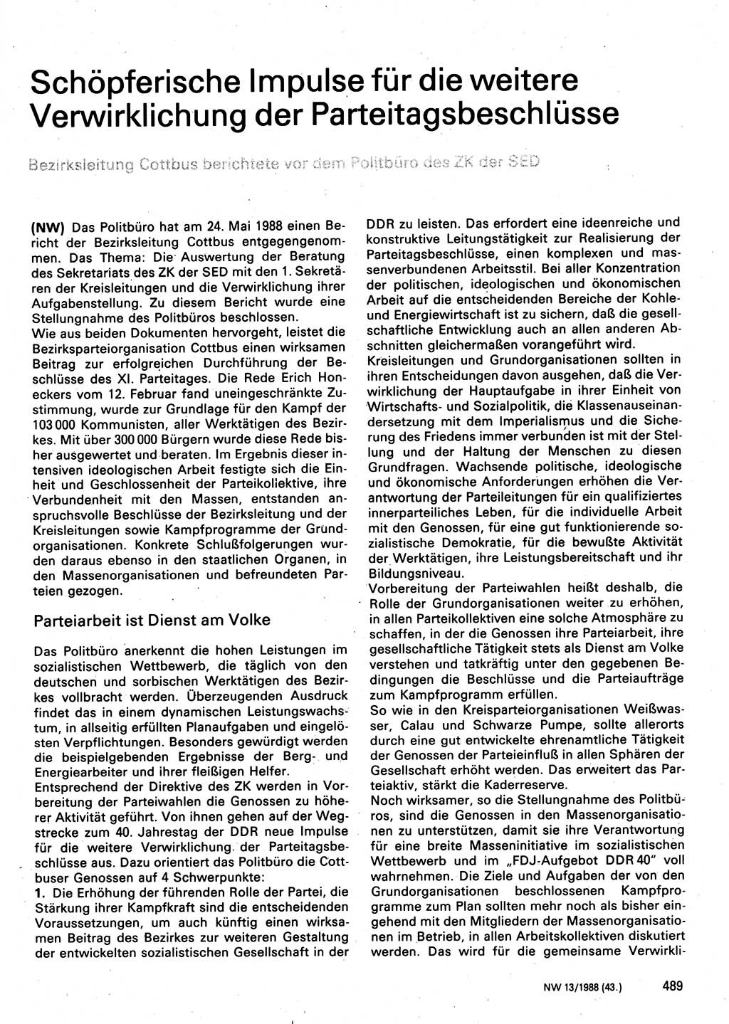 Neuer Weg (NW), Organ des Zentralkomitees (ZK) der SED (Sozialistische Einheitspartei Deutschlands) für Fragen des Parteilebens, 43. Jahrgang [Deutsche Demokratische Republik (DDR)] 1988, Seite 489 (NW ZK SED DDR 1988, S. 489)