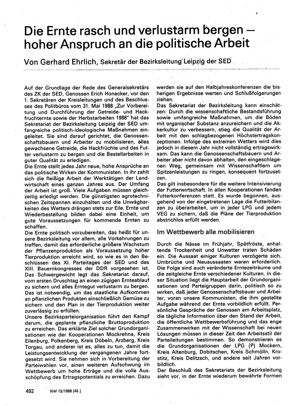 Neuer Weg (NW), Organ des Zentralkomitees (ZK) der SED (Sozialistische Einheitspartei Deutschlands) für Fragen des Parteilebens, 43. Jahrgang [Deutsche Demokratische Republik (DDR)] 1988, Seite 492 (NW ZK SED DDR 1988, S. 492)