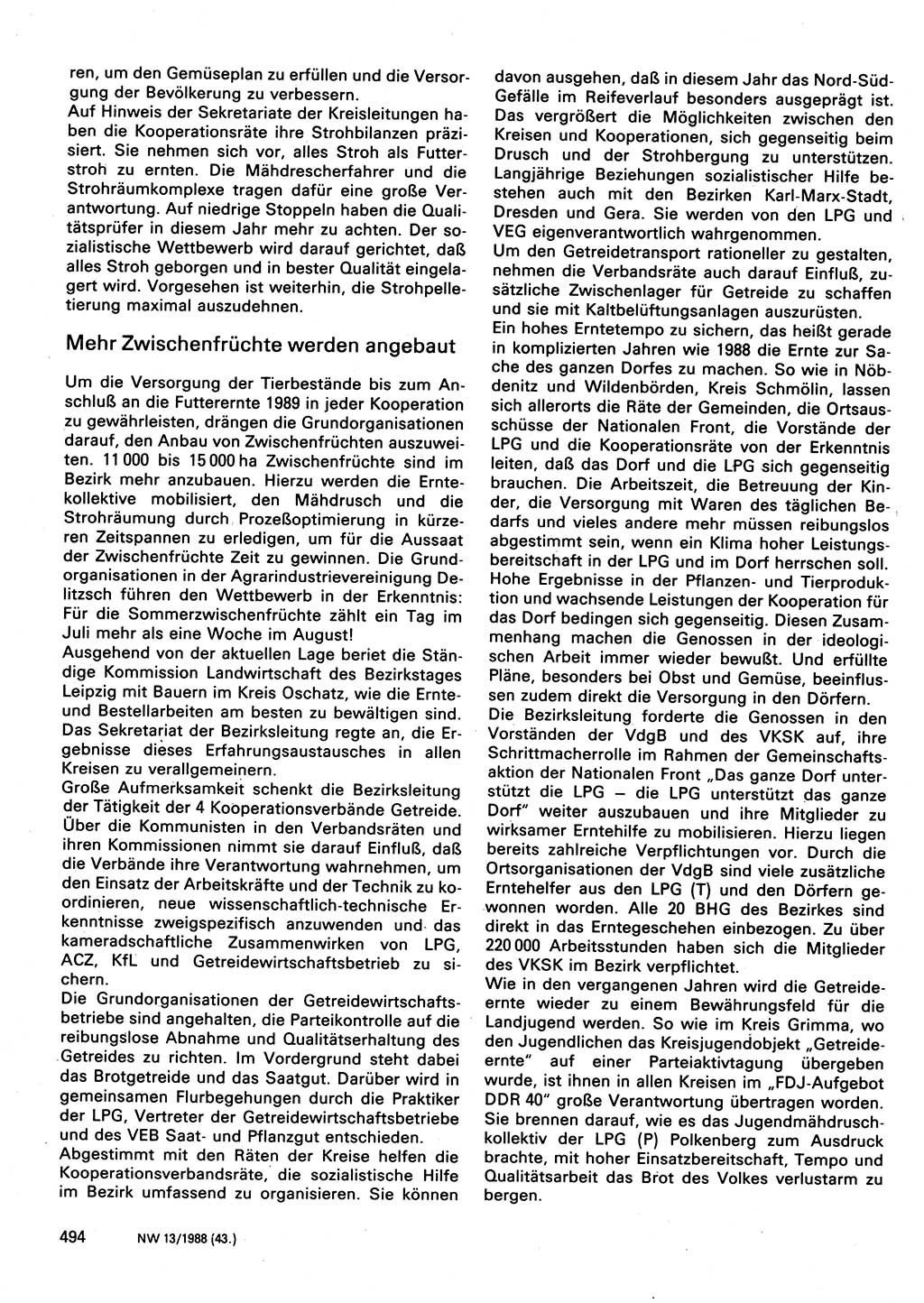 Neuer Weg (NW), Organ des Zentralkomitees (ZK) der SED (Sozialistische Einheitspartei Deutschlands) für Fragen des Parteilebens, 43. Jahrgang [Deutsche Demokratische Republik (DDR)] 1988, Seite 494 (NW ZK SED DDR 1988, S. 494)