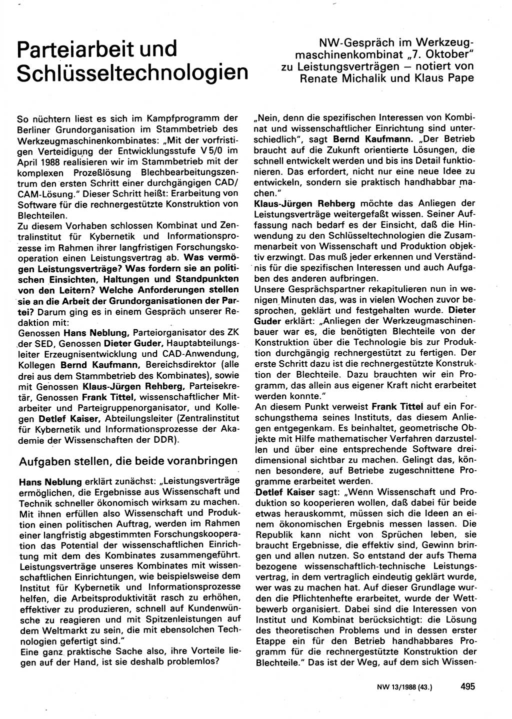 Neuer Weg (NW), Organ des Zentralkomitees (ZK) der SED (Sozialistische Einheitspartei Deutschlands) für Fragen des Parteilebens, 43. Jahrgang [Deutsche Demokratische Republik (DDR)] 1988, Seite 495 (NW ZK SED DDR 1988, S. 495)
