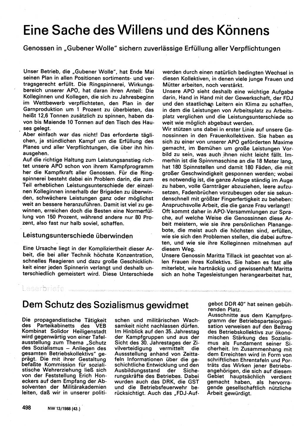 Neuer Weg (NW), Organ des Zentralkomitees (ZK) der SED (Sozialistische Einheitspartei Deutschlands) für Fragen des Parteilebens, 43. Jahrgang [Deutsche Demokratische Republik (DDR)] 1988, Seite 498 (NW ZK SED DDR 1988, S. 498)