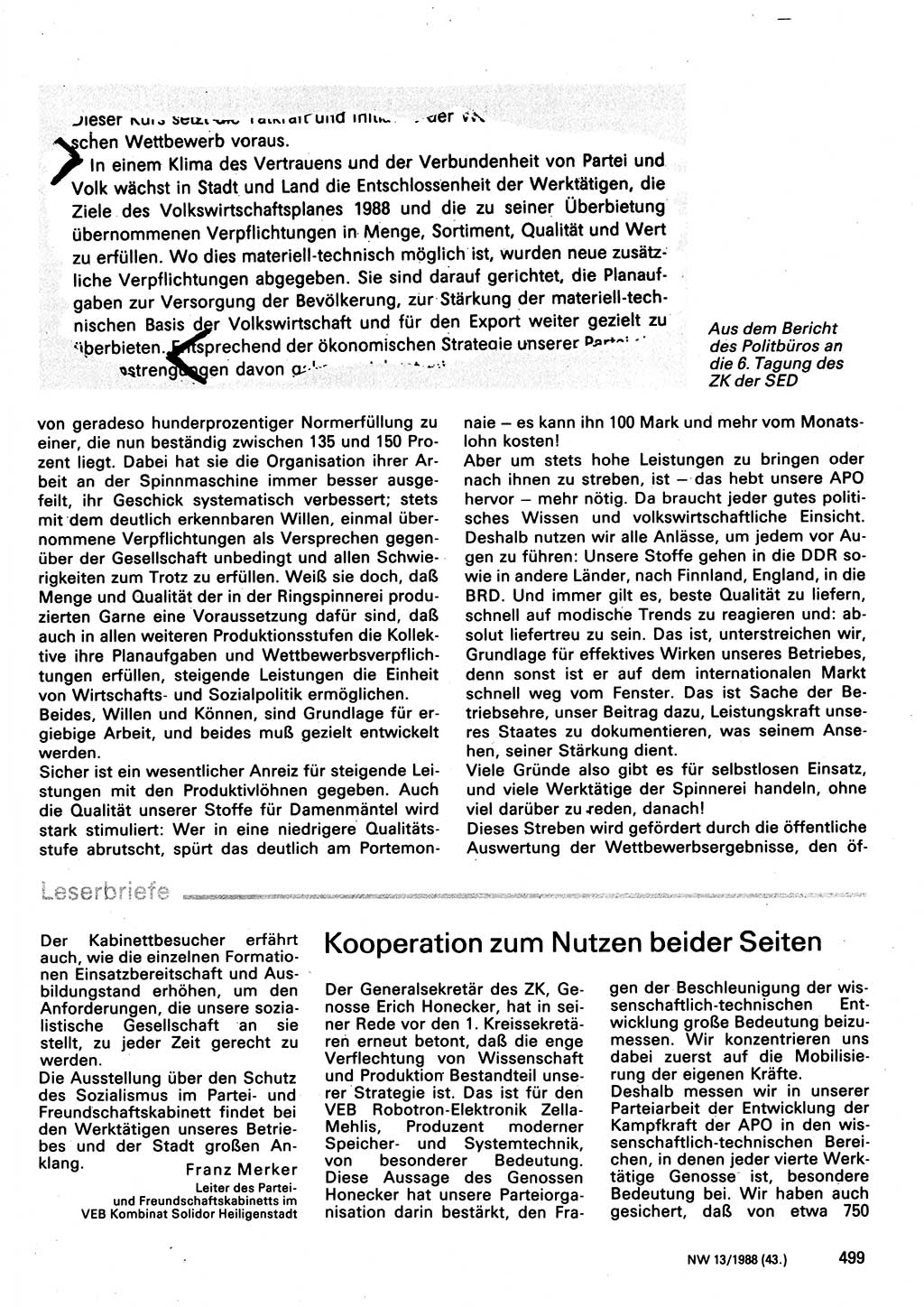 Neuer Weg (NW), Organ des Zentralkomitees (ZK) der SED (Sozialistische Einheitspartei Deutschlands) für Fragen des Parteilebens, 43. Jahrgang [Deutsche Demokratische Republik (DDR)] 1988, Seite 499 (NW ZK SED DDR 1988, S. 499)