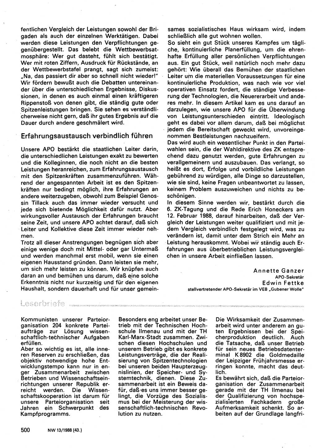 Neuer Weg (NW), Organ des Zentralkomitees (ZK) der SED (Sozialistische Einheitspartei Deutschlands) für Fragen des Parteilebens, 43. Jahrgang [Deutsche Demokratische Republik (DDR)] 1988, Seite 500 (NW ZK SED DDR 1988, S. 500)