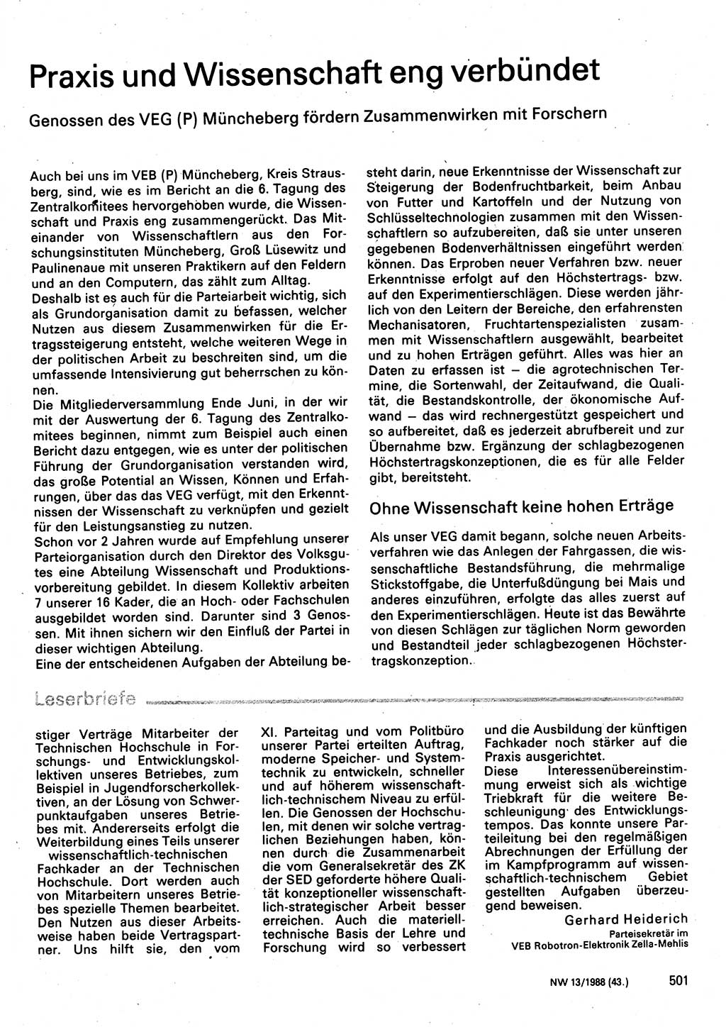 Neuer Weg (NW), Organ des Zentralkomitees (ZK) der SED (Sozialistische Einheitspartei Deutschlands) für Fragen des Parteilebens, 43. Jahrgang [Deutsche Demokratische Republik (DDR)] 1988, Seite 501 (NW ZK SED DDR 1988, S. 501)