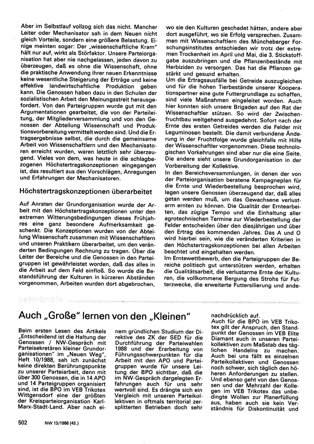 Neuer Weg (NW), Organ des Zentralkomitees (ZK) der SED (Sozialistische Einheitspartei Deutschlands) für Fragen des Parteilebens, 43. Jahrgang [Deutsche Demokratische Republik (DDR)] 1988, Seite 502 (NW ZK SED DDR 1988, S. 502)